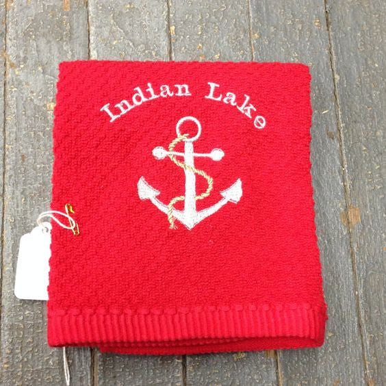 Red Embroidered Indian Lake Boat Anchor Dish Towel Nautical Dish Cloth