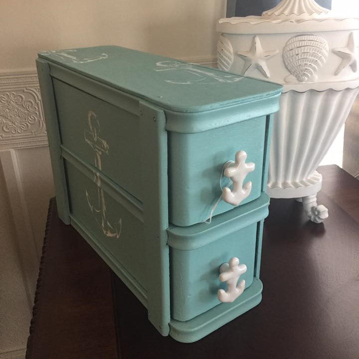 Sewing Box Painted Wood Nautical Anchor Drawer Storage Chest