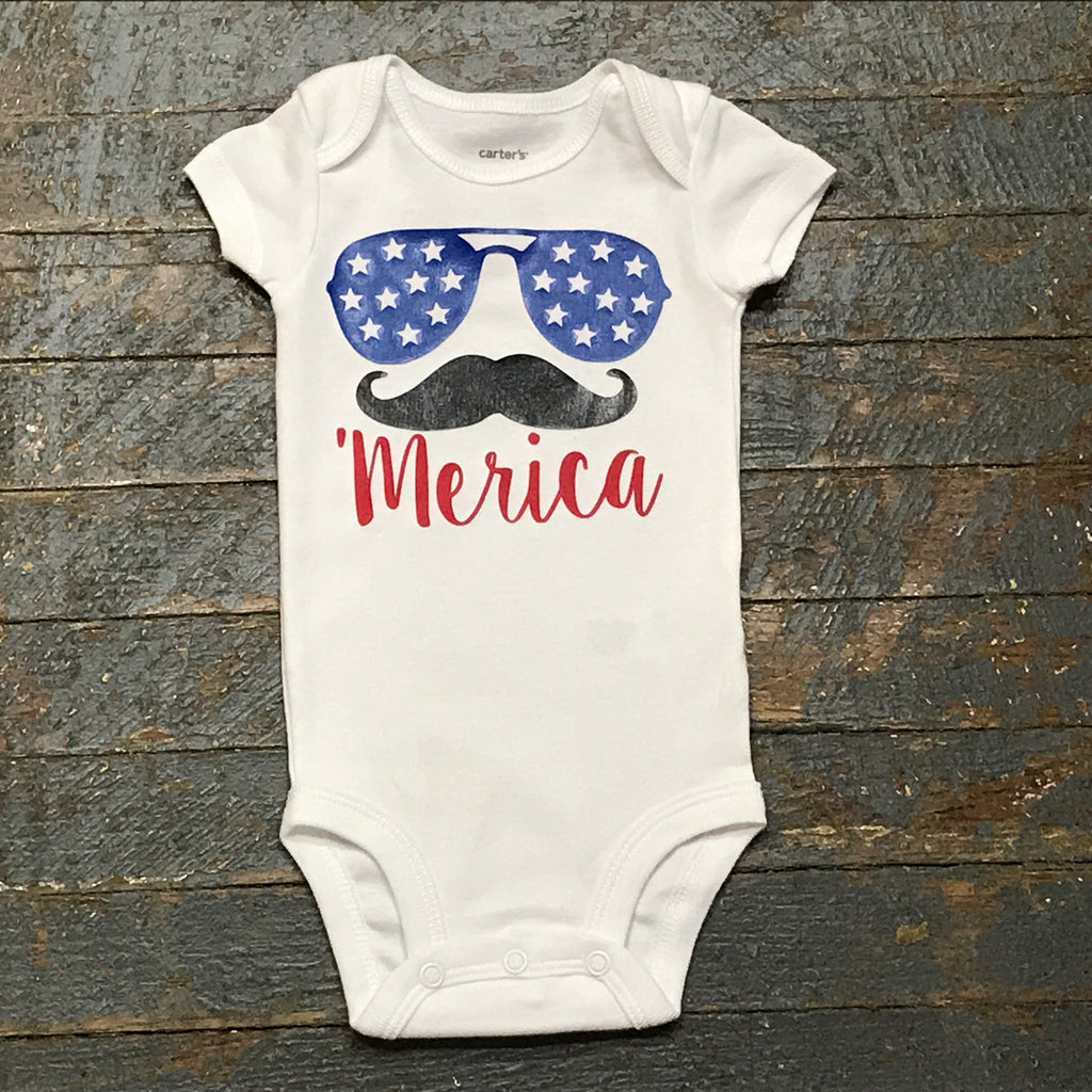 Patriotic 'Merica Mustache Personalized Summer Onesie Bodysuit One Piece Newborn Infant Toddler Outfit