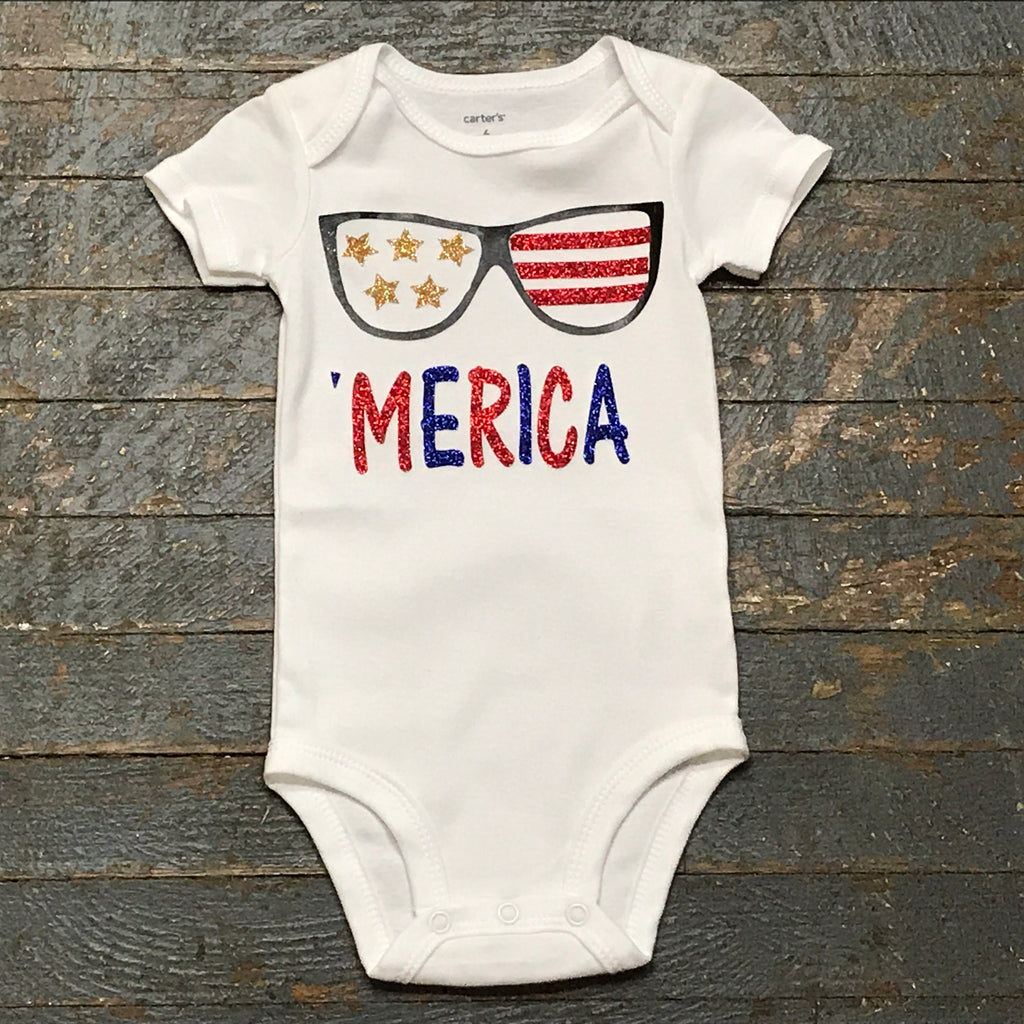 Patriotic 'Merica Glitter Glasses Personalized Summer Onesie Bodysuit One Piece Newborn Infant Toddler Outfit