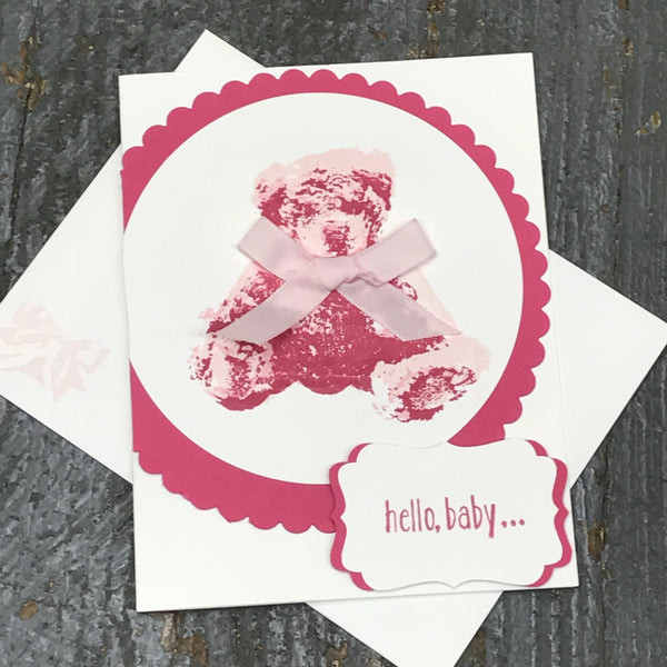 Hello Baby Arrival Pink Girl Handmade Stampin Up Greeting Card with Envelope Front