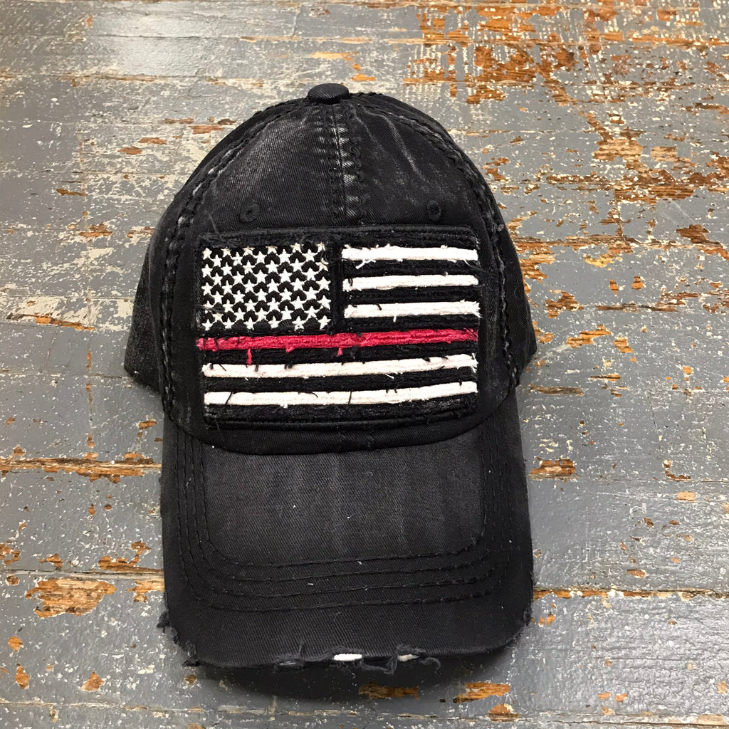 American Flag Red Line Patch Faded Black Embroidered Ball Cap
