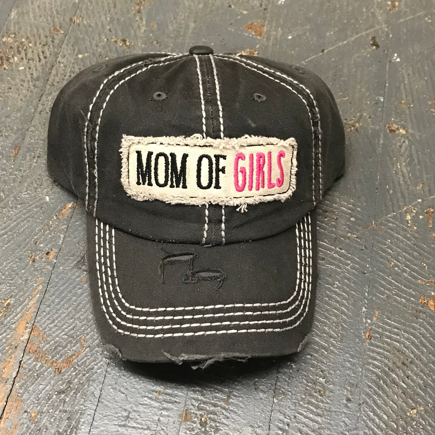 Mom of Girls Patch Rugged Black Pink Embroidered Ball Cap