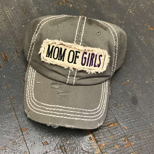 Mom of Girls Patch Rugged Grey Embroidered Ball Cap