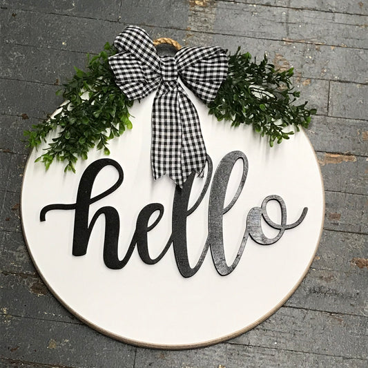 Hello Round White Indoor/Outdoor Wall Sign Door Wreath