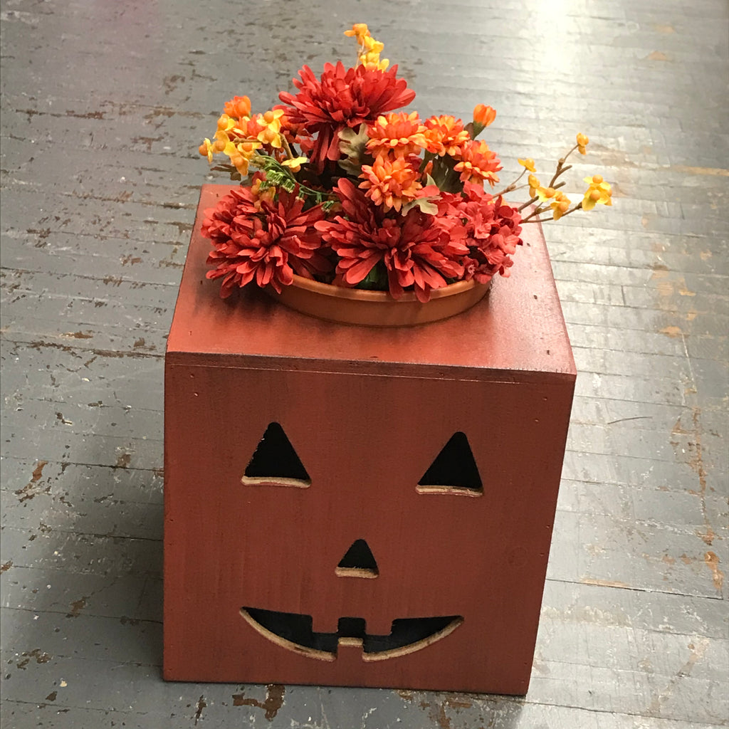 Wood Pumpkin Flower Pot Mum Holder Jack-O-Lantern Cube Fall Decoration