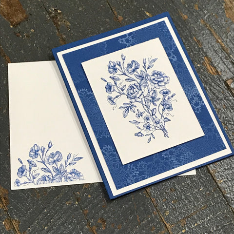 Floral Blue Blank Note Handmade Stampin Up Greeting Card with Envelope