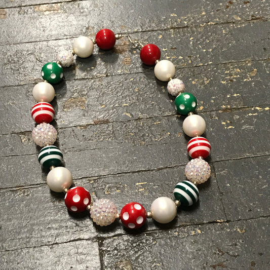 Handmade Chunky Bubble Gum Beaded Necklace Red White Green 