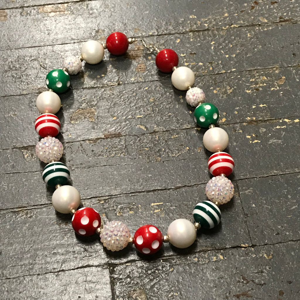 Handmade Chunky Bubble Gum Beaded Necklace Red White Green 