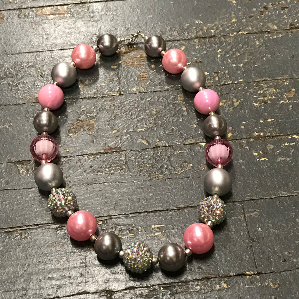 Handmade Chunky Bubble Gum Beaded Necklace Pink Grey White