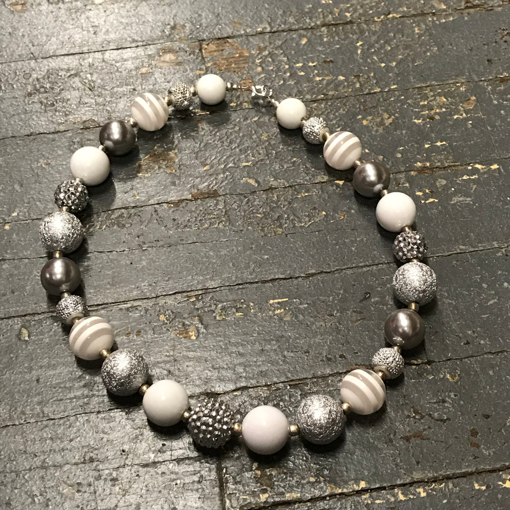 Handmade Chunky Bubble Gum Beaded Necklace Grey White