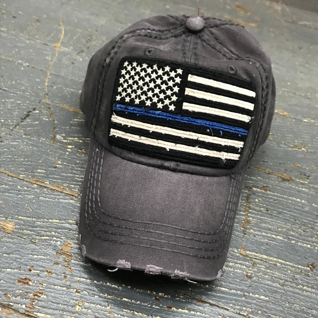 American Flag Blue Line Patch Faded Gray Embroidered Ball Cap