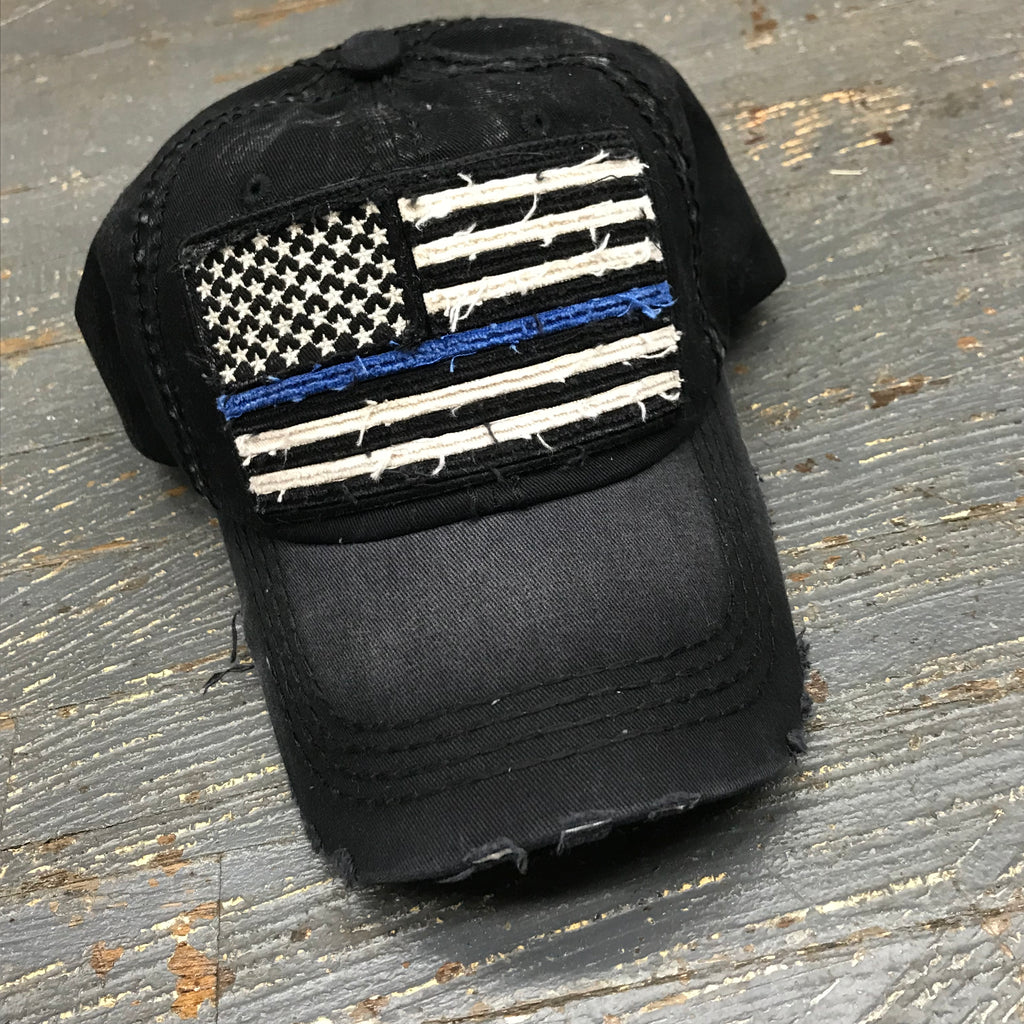 American Flag Blue Line Patch Faded Black Embroidered Ball Cap