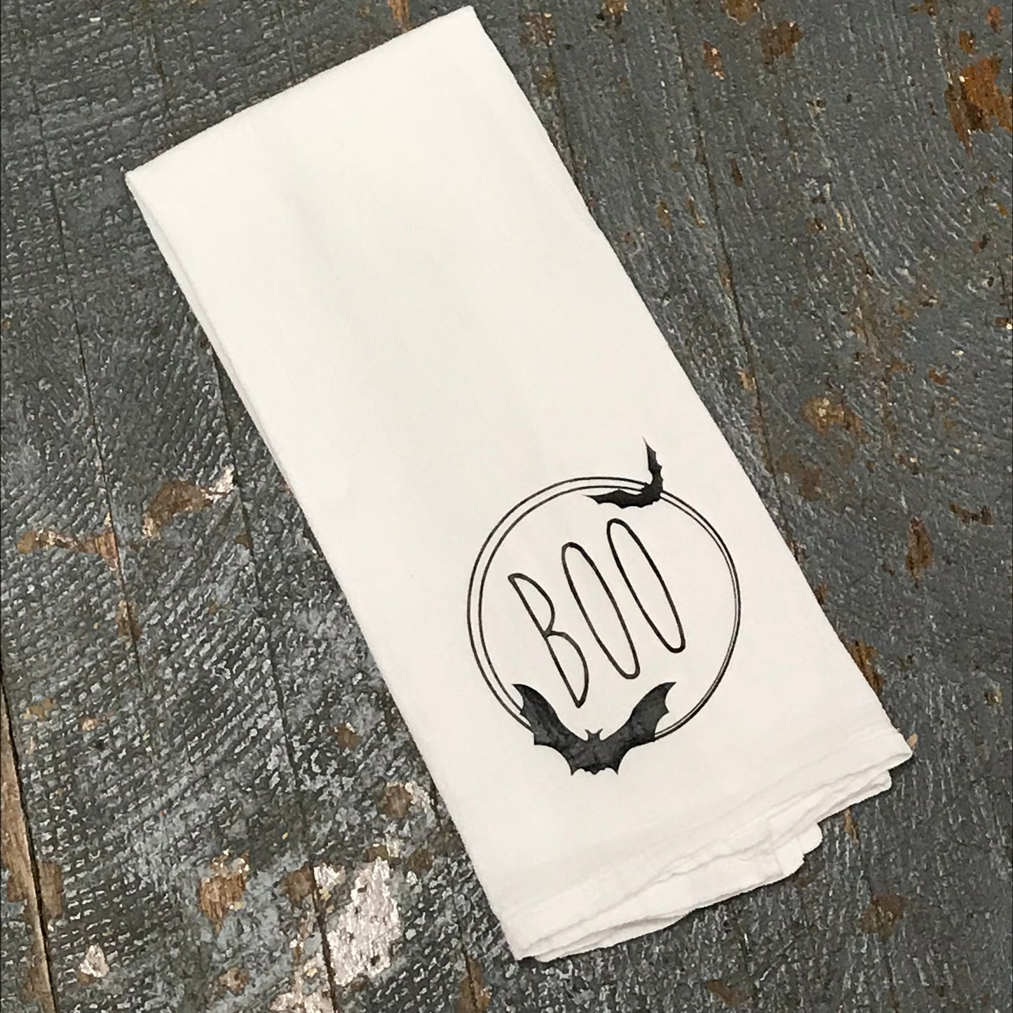 Boo Bat Halloween White Linen Tea Towel 