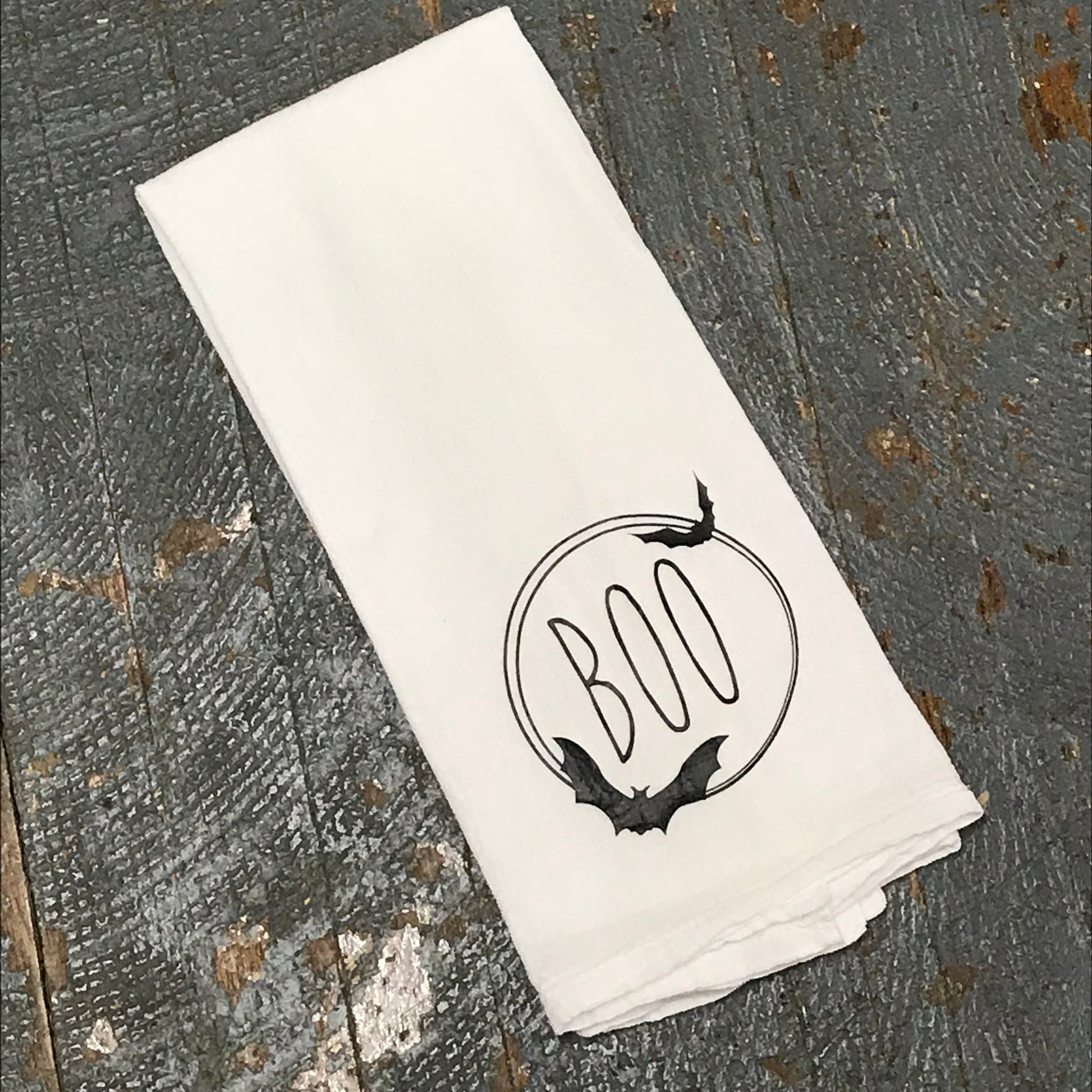 Boo Bat Halloween White Linen Tea Towel 