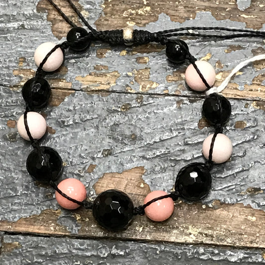 Semiprecious Gem Stone Black Onyx Peach Jade Bracelet