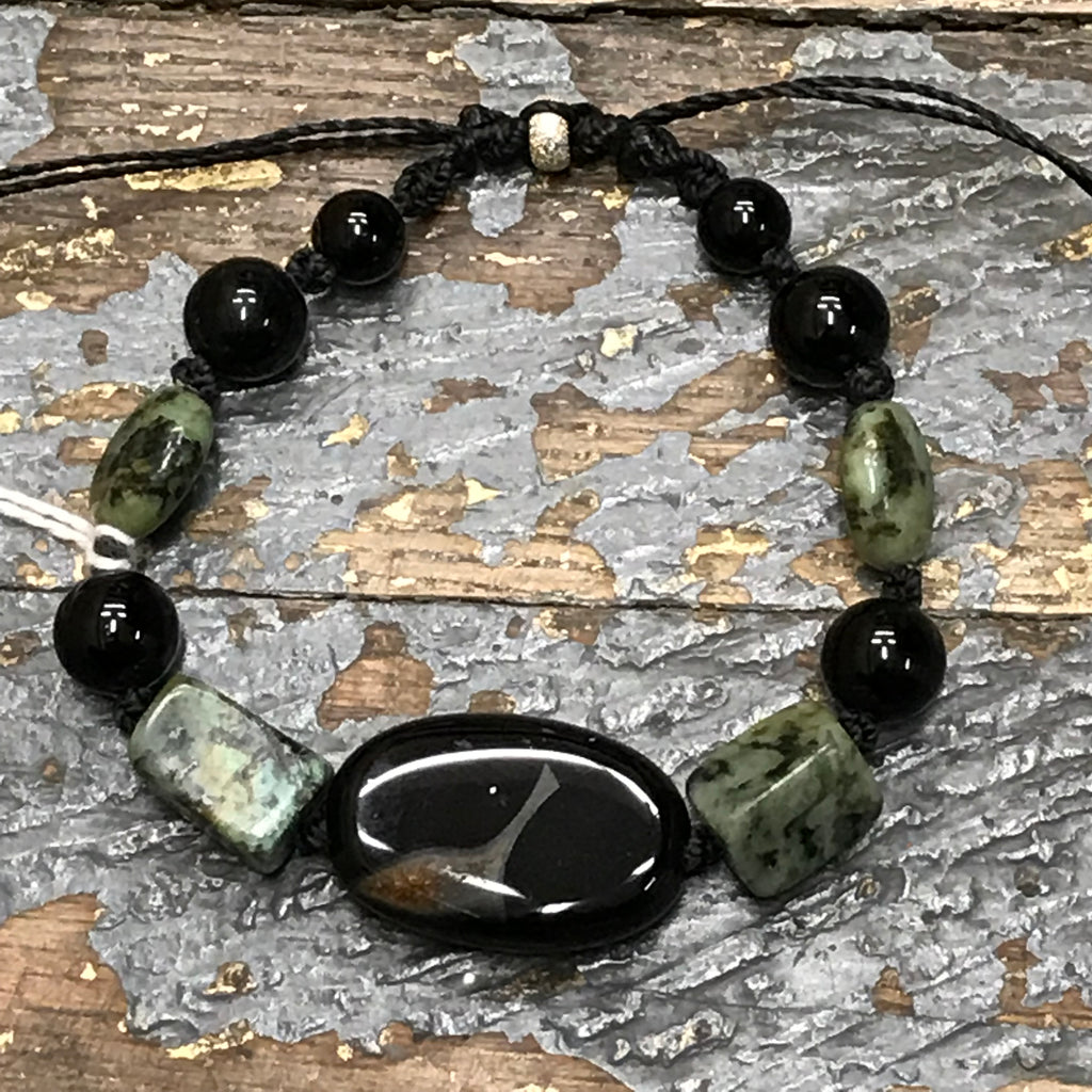 Semiprecious Gem Stone Turquoise Black Onyx Agate Bracelet