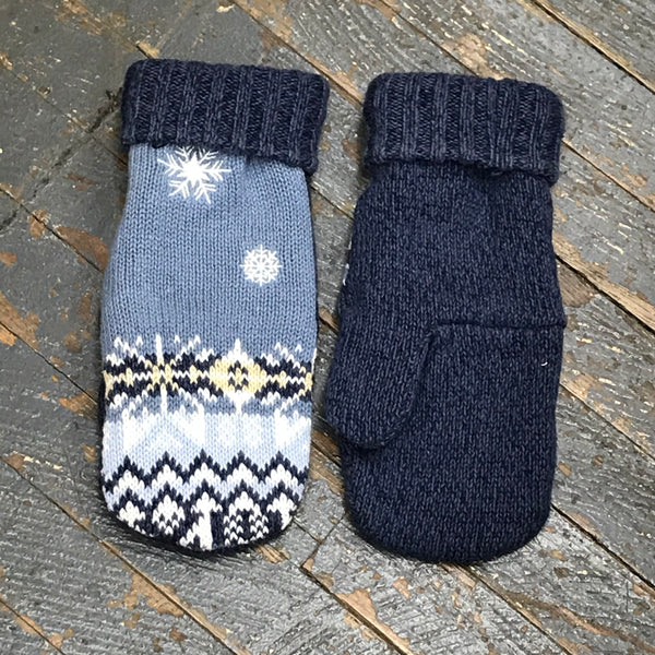 Upcycled Sweater Fleece Lined Mittens Blue Denim Snowflake