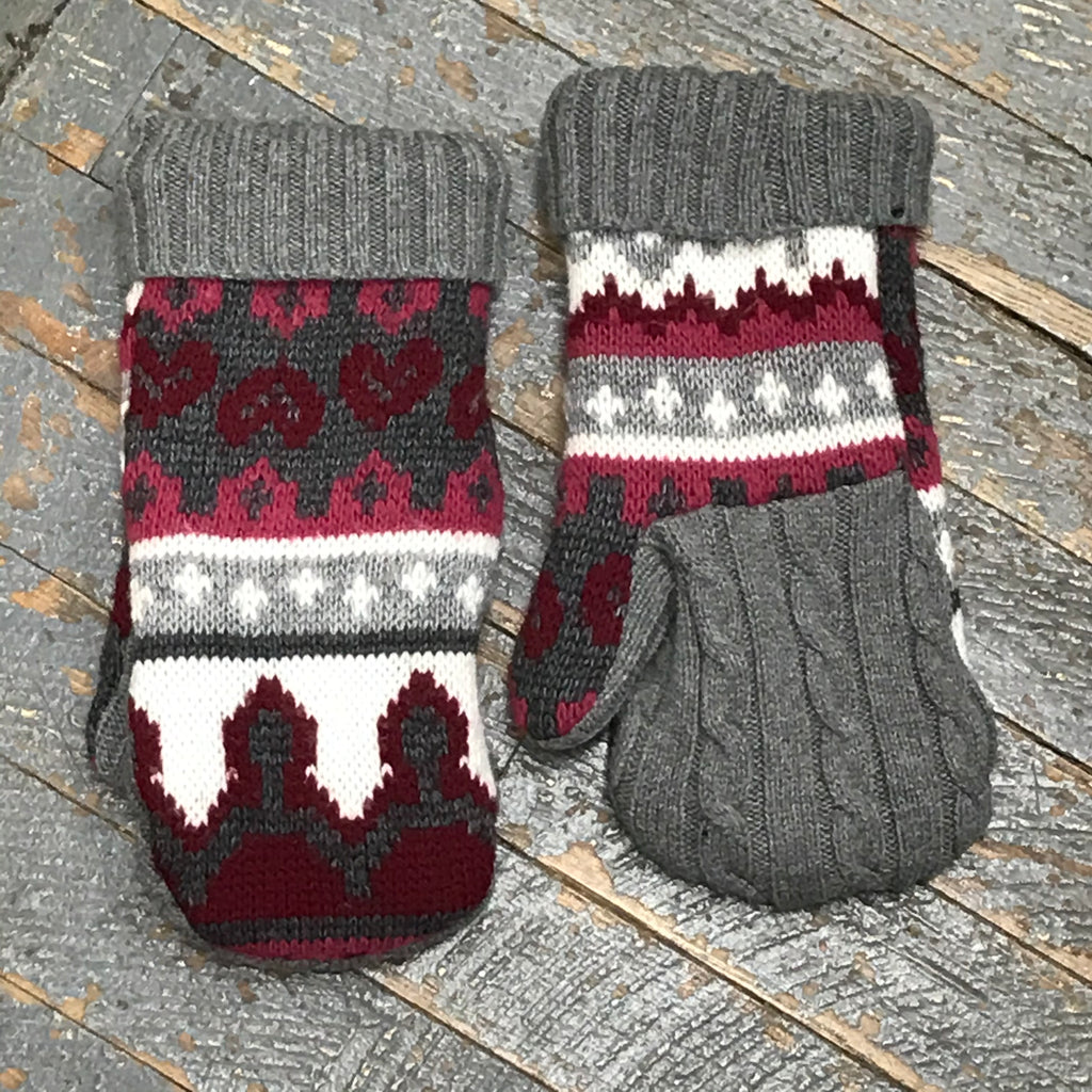 Upcycled Sweater Fleece Lined Mittens Grey Maroon Hearts