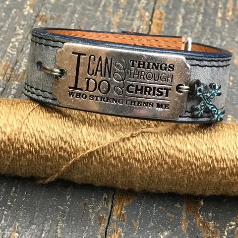 Blue Leather Silver Plate I Can Do All Things Dangle Cross Belt Snap Bracelet