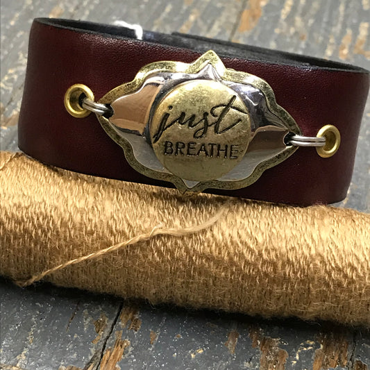 Maroon Leather Gold Silver Plate Just Breathe Belt Snap Bracelet