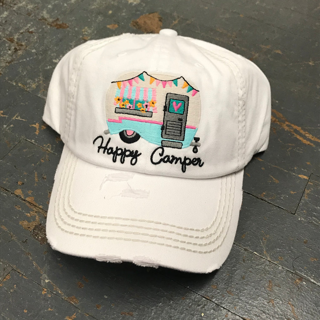 Happy Camper Hat White Embroidered Ball Cap