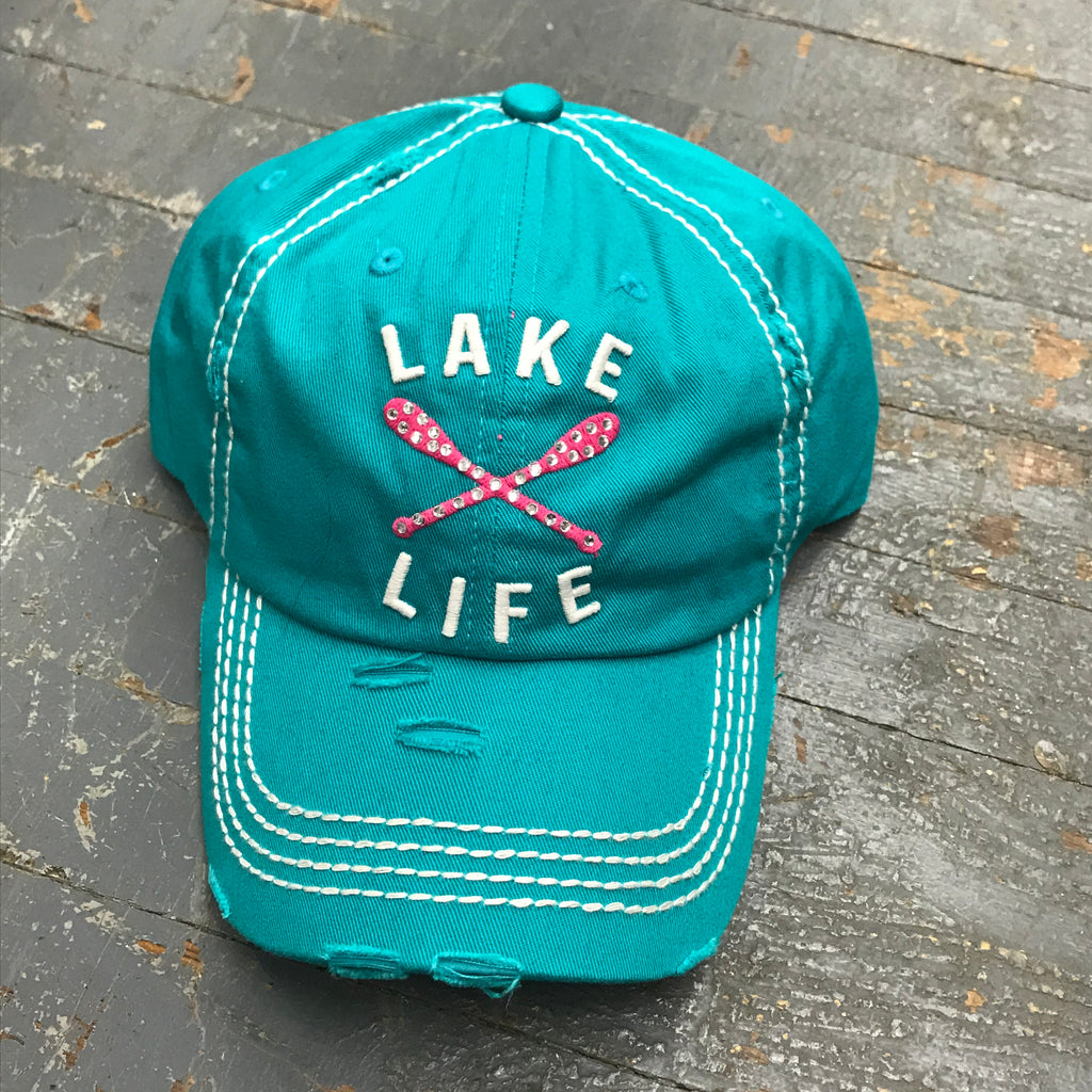 Lake Life Bling Paddle Oar Hat Turquoise Teal Embroidered Ball Cap
