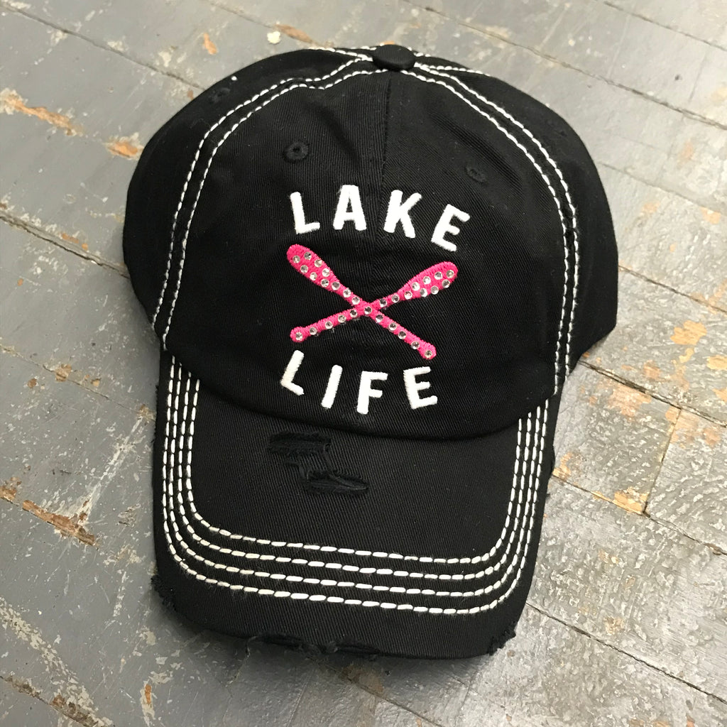 Lake Life Bling Paddle Oar Hat Faded Black Embroidered Ball Cap