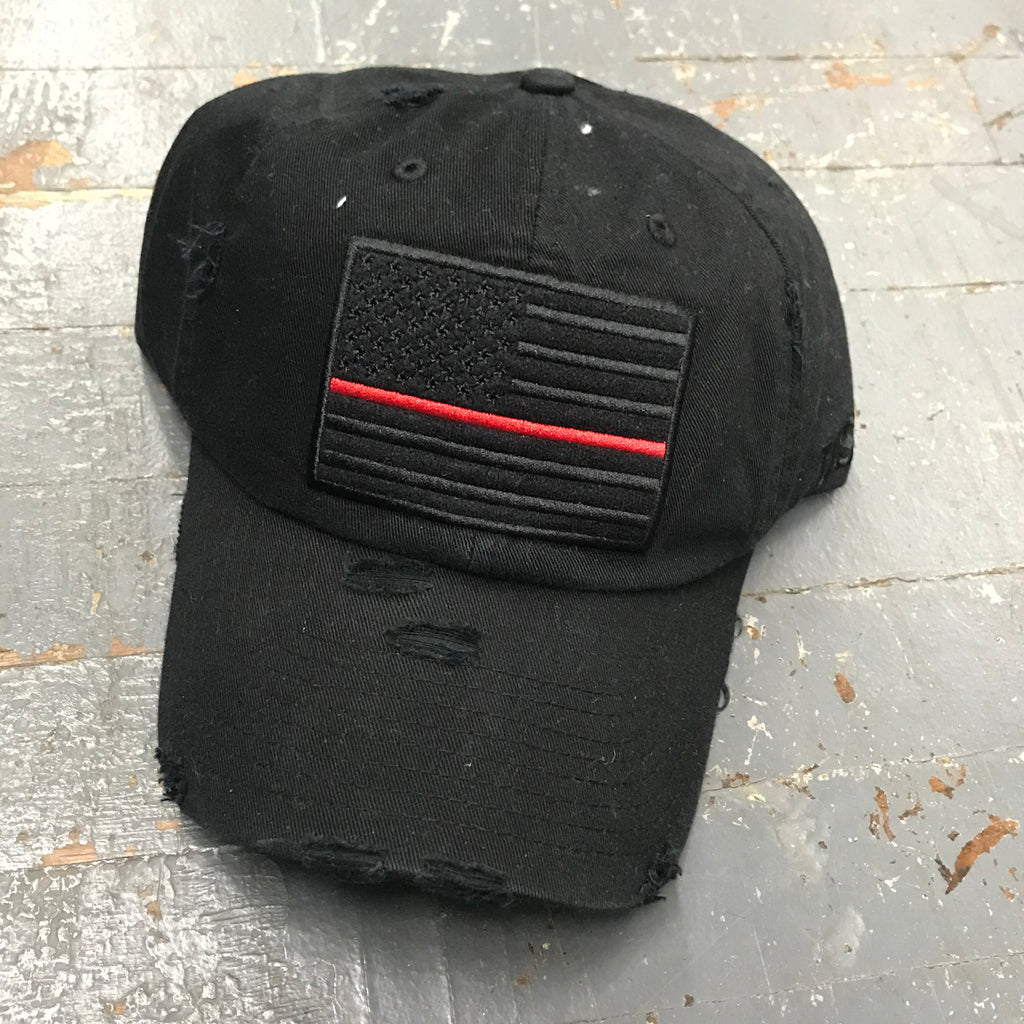 American Flag Red Line Patch Black Embroidered Rugged Ball Cap