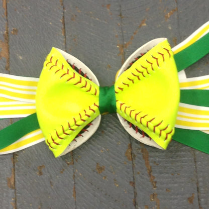 Handmade Softball Pony Tail Hair Band Bows with Stitching Assorted Colors Green Yellow