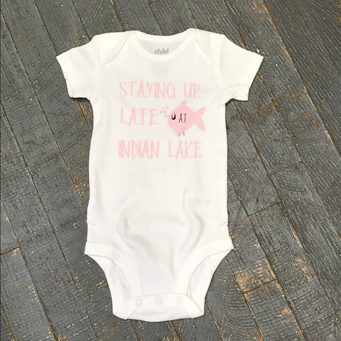 Staying Up Late at Indian Lake Personalized Onesie Bodysuit One Piece Newborn Infant Toddler Outfit Pink