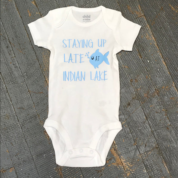 Staying Up Late at Indian Lake Personalized Onesie Bodysuit One Piece Newborn Infant Toddler Outfit Blue