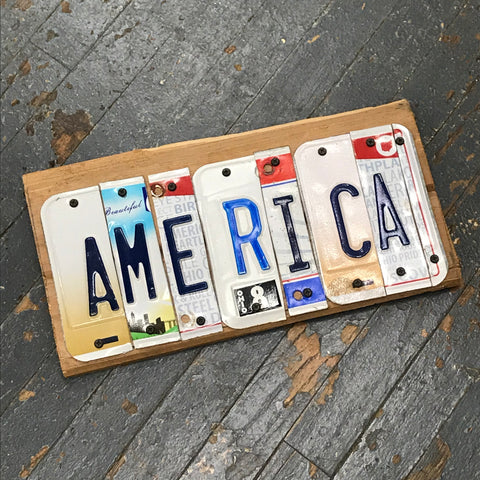 Rustic Repurposed License Plate Block Word Wall Art America