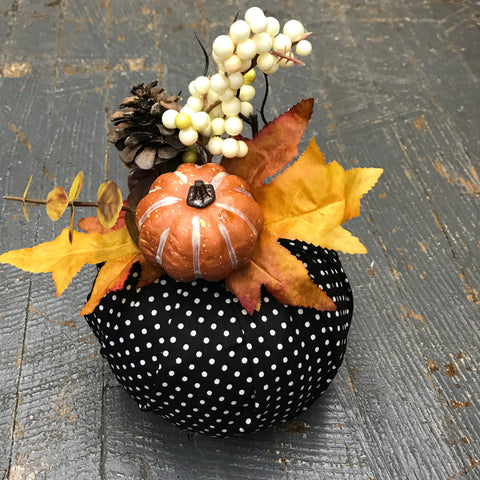 Fall Autumn Fabric Pumpkin Decoration Black Polka Dot Mini Pumpkin Detail
