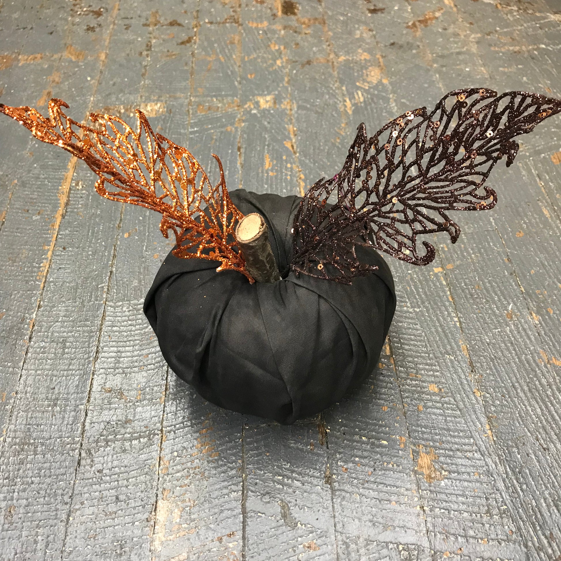 Fall Autumn Fabric Pumpkin Decoration Black Sparkle Leaves Detail