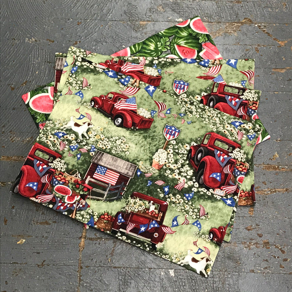 Reversible Handmade Fabric Cloth 4pc Placemat Set Red Pick Up Truck Summertime Watermelon