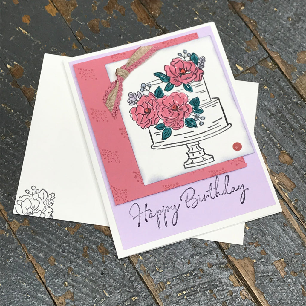 Happy Birthday Tiered Flower Cake Handmade Stampin Up Greeting Card with Envelope