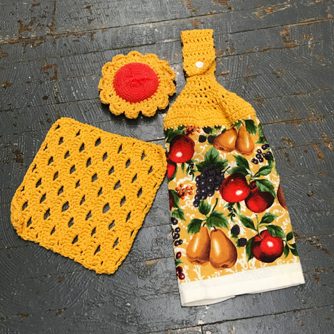 Crocheted Kitchen Set Dish Rag Towel Dishcloth Scrubbie Combo Yellow Red Fruit