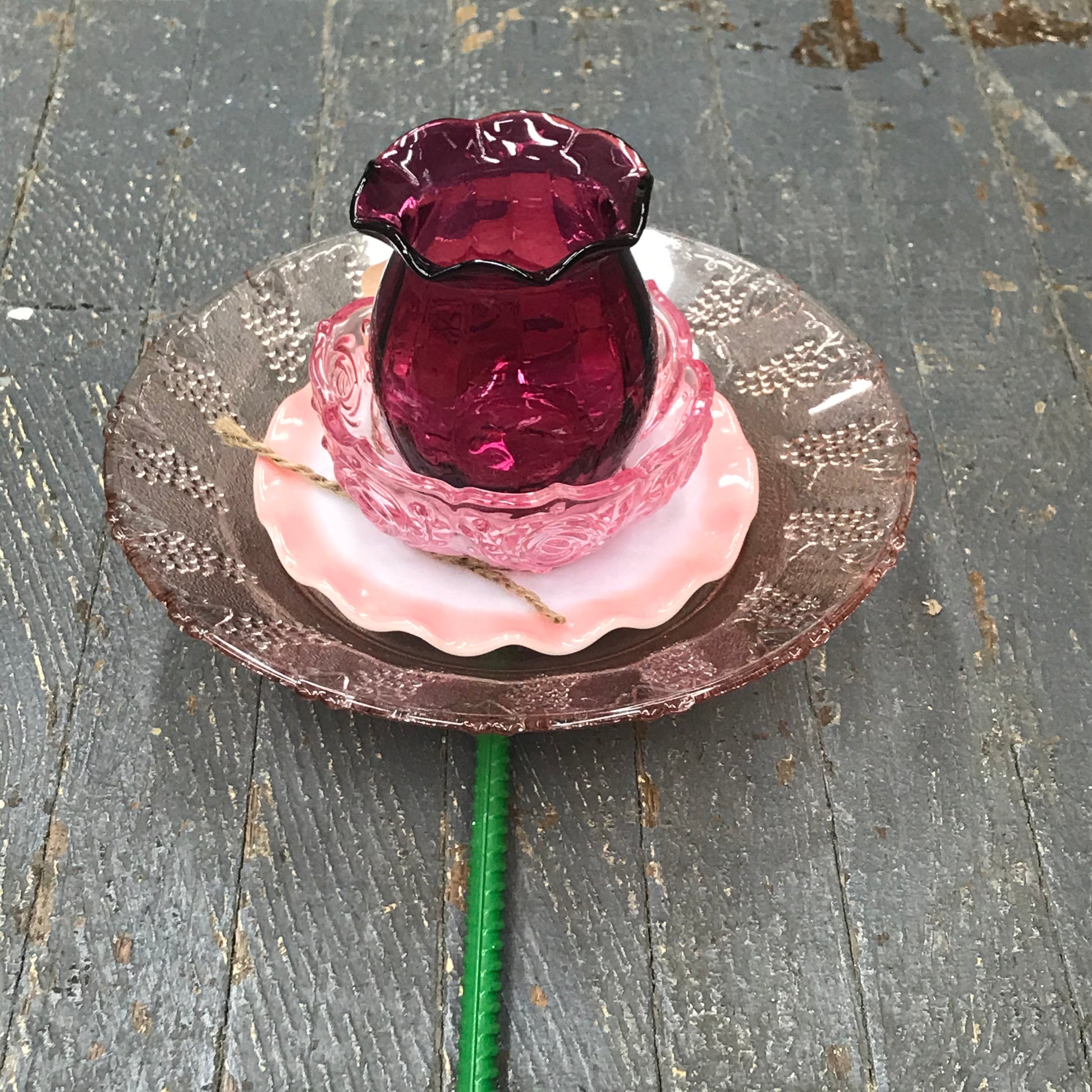 Depression Glass Garden Flower Small Clear Pink Rose Fuchsia Center