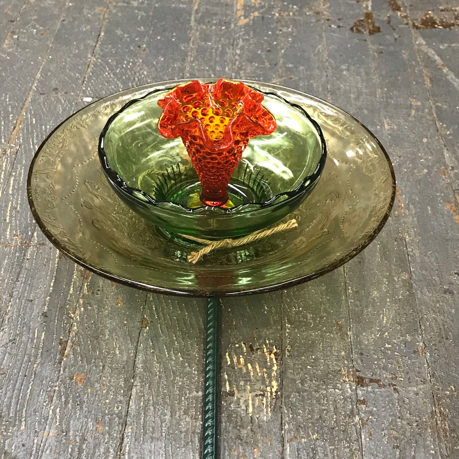 Depression Glass Garden Flower Large Yellow Opaque Green Orange Center