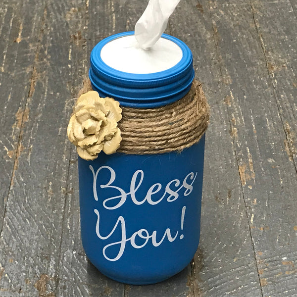 Mason Jar Tissue Holder Bless You Peacock Blue