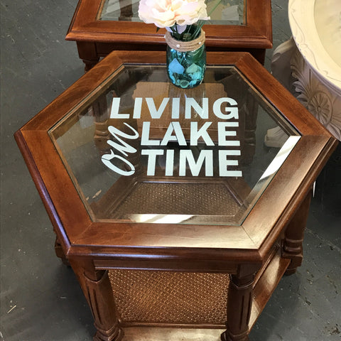Living on Lake Time Solid Wood Round Glass Top Side End Table