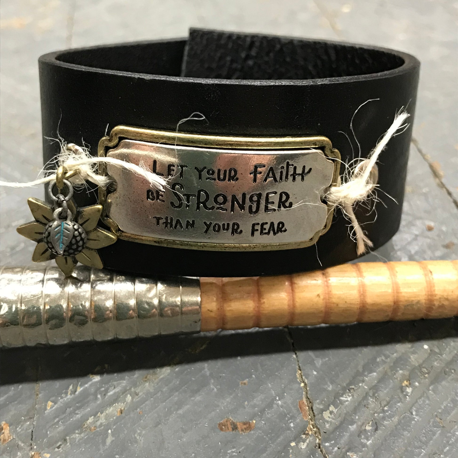 Black Leather Silver Gold Plate Faith Stronger than Fear Belt Snap Bracelet