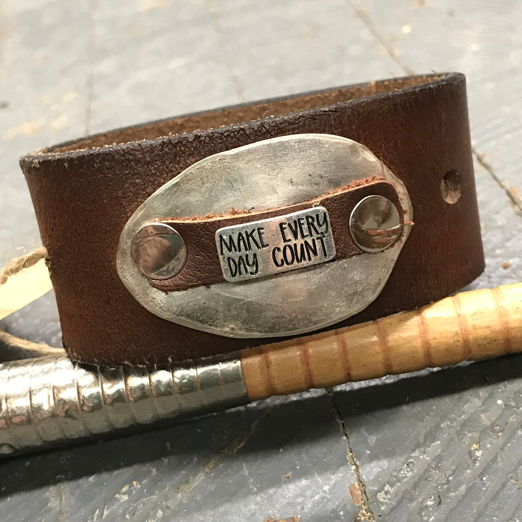 Brown Leather Silver Spoon Plate Make Every Day Count Belt Snap Bracelet