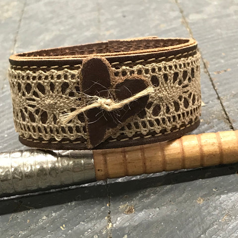 Brown Leather Belt String Design Heart Snap Bracelet