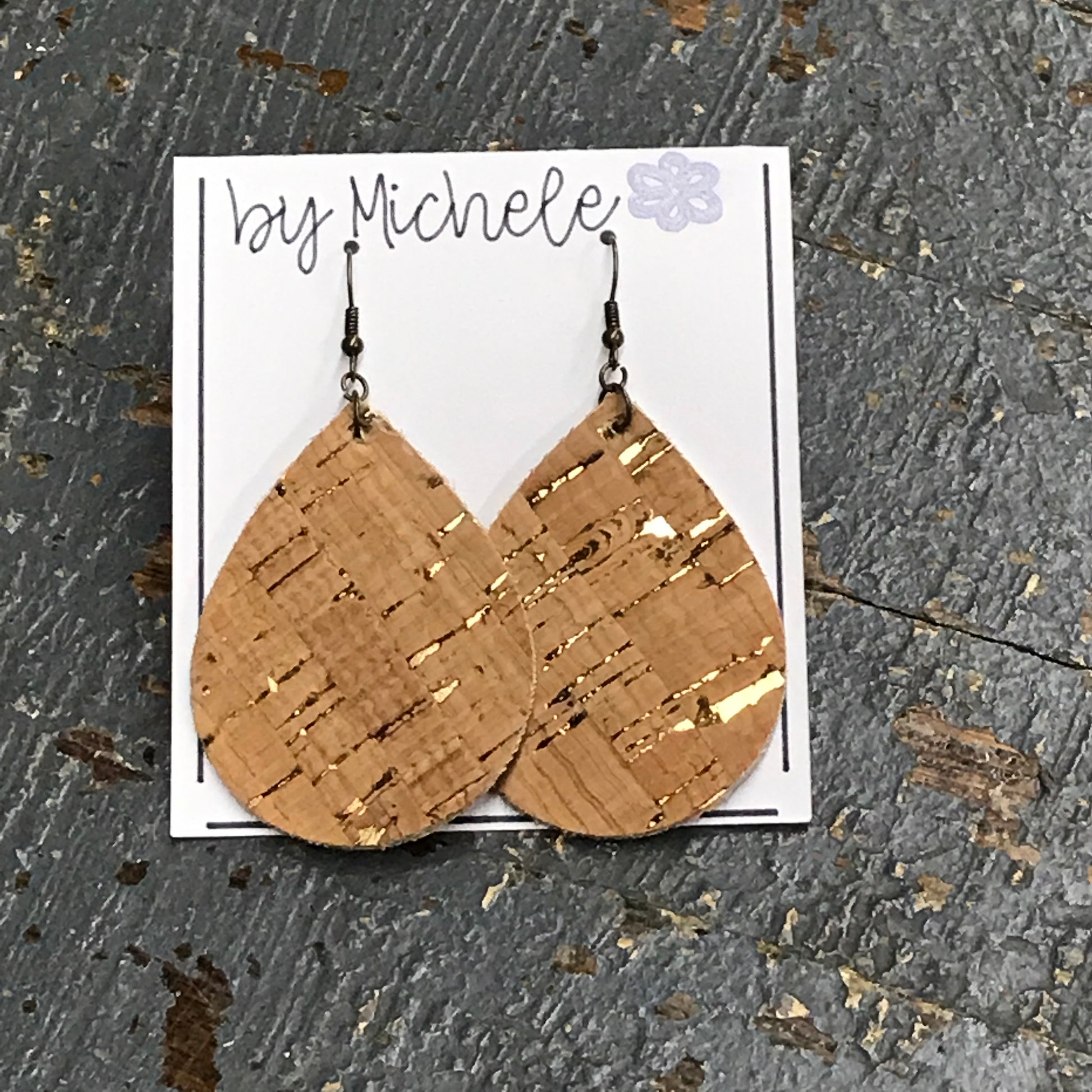 Gold Fleck Cork Faux Leather Teardrop Fishhook Dangle Earring Set