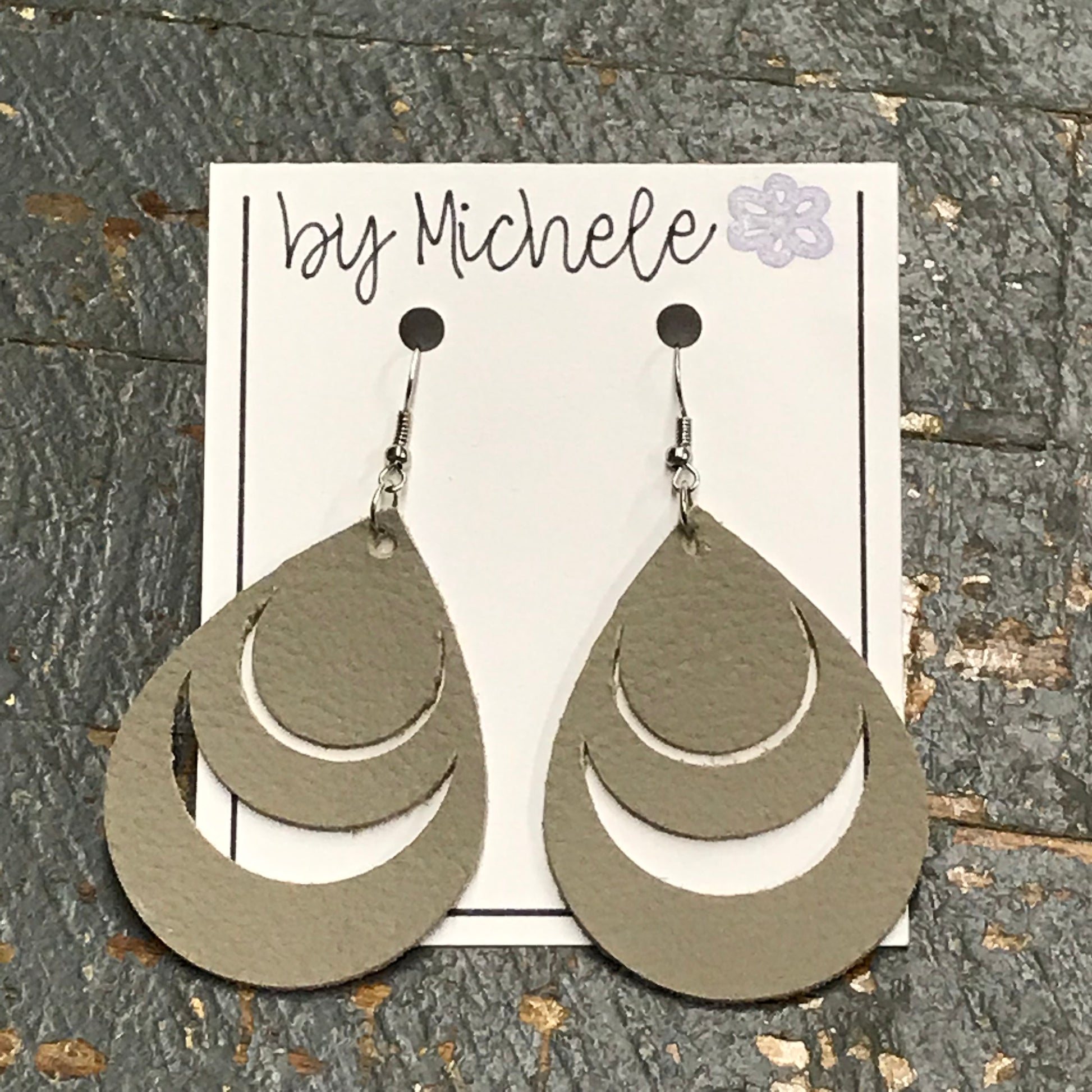 Khaki Grey Faux Leather Teardrop Fishhook Dangle Earring Set