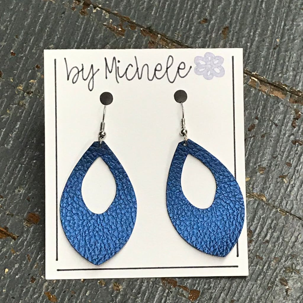 Blue Metallic Faux Leather Teardrop Fishhook Dangle Earring Set