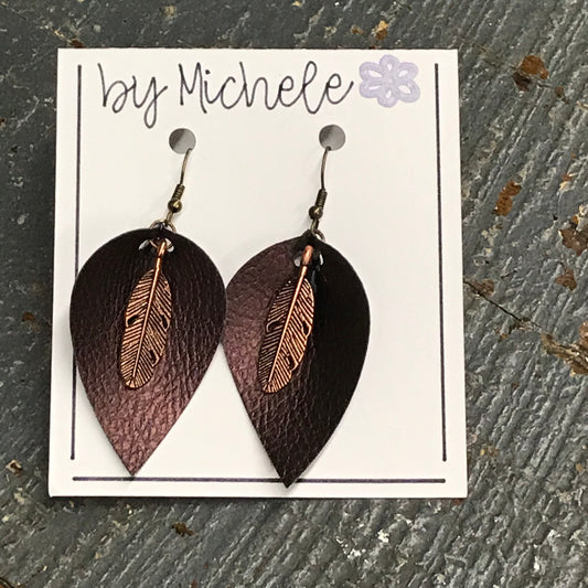 Brown Copper Feather Faux Leather Teardrop Fishhook Dangle Earring Set