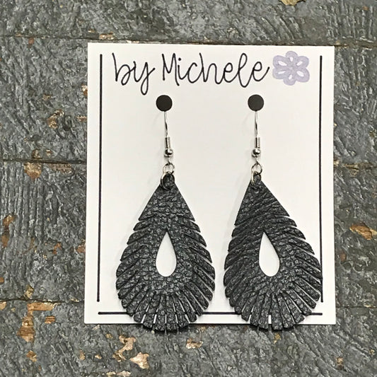 Grey Metallic Faux Leather Feathered Teardrop Fishhook Dangle Earring Set